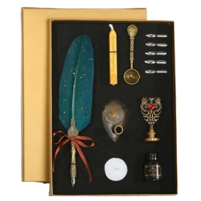 Vintage Feather Pen and Ink Set Glittering Quill Pen Calligraphy Dip Pen