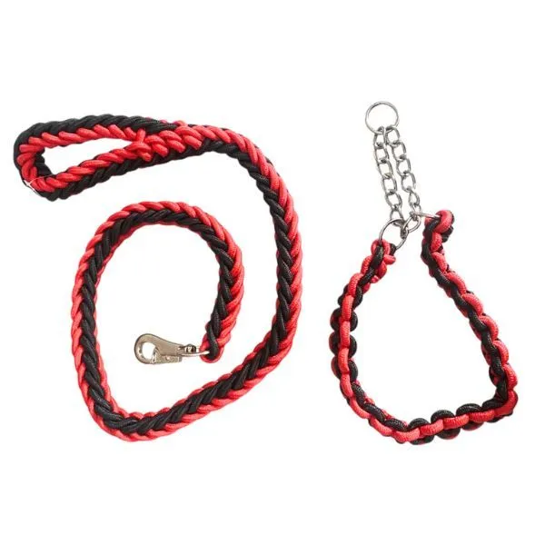 Quickfit Strong Rope Dog Collar and Leash Set - Durable & Adjustable - Red