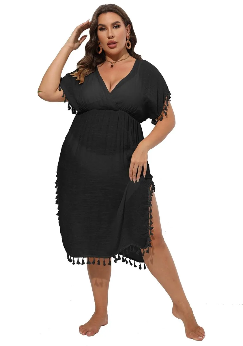 Women's Plus Size Swimwear Cover-Up V-Neck Beach Dress with Side Splits