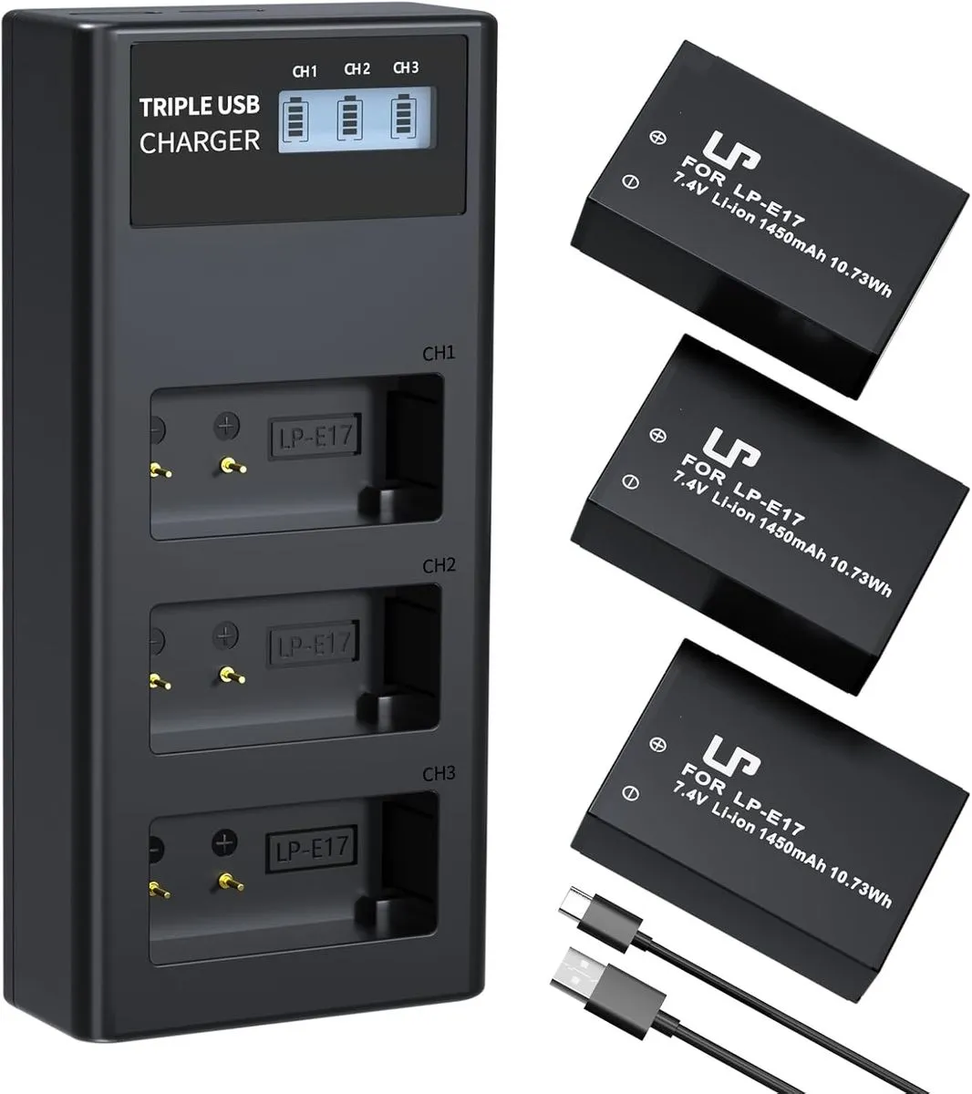 LP-E17 Battery Charger Set, 3-Pack 1450mAh Batteries & Triple Slot Charger
