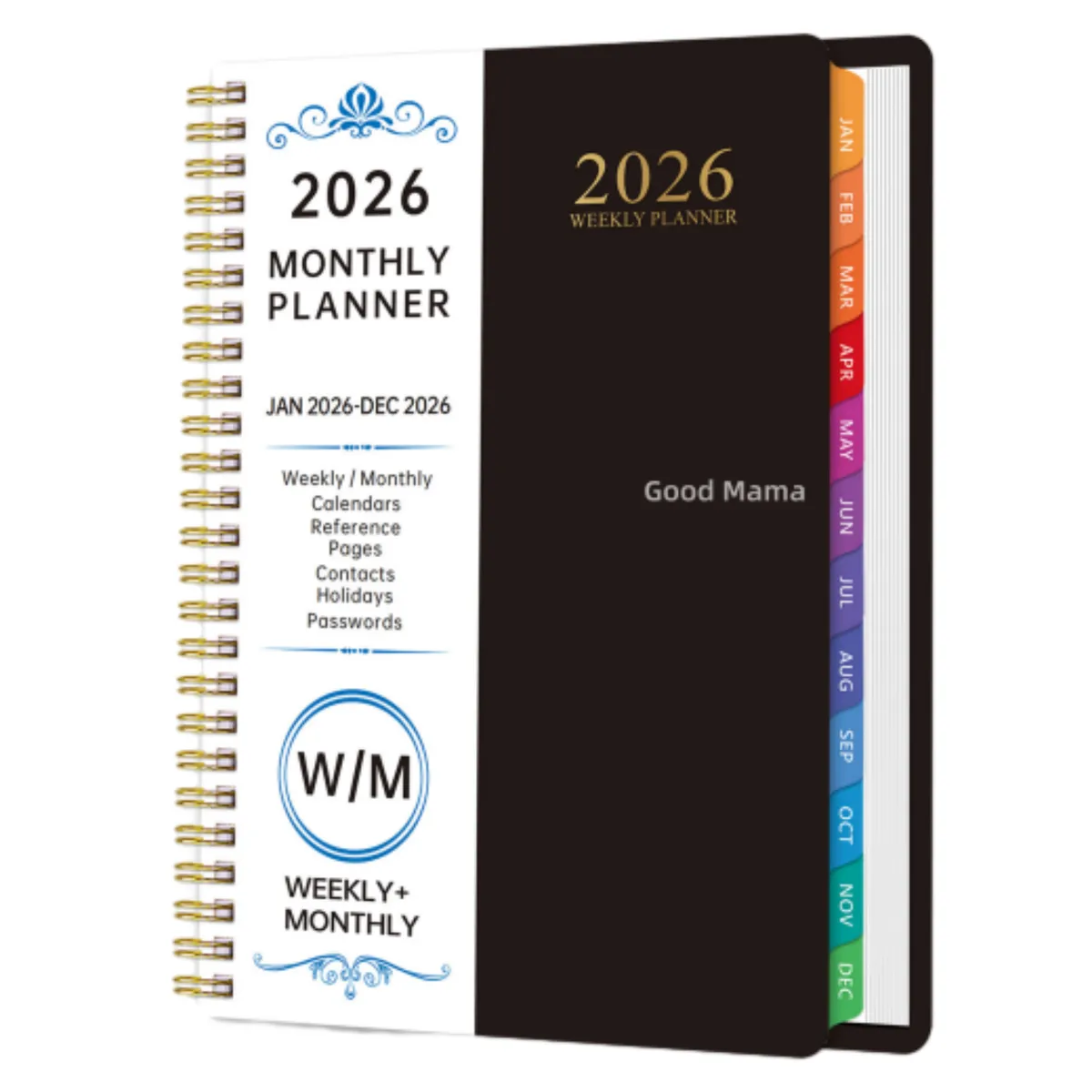 GoodMama A5 Diary Notebook Weekly 2026 Calendar Planner 12 Month Organiser - Black
