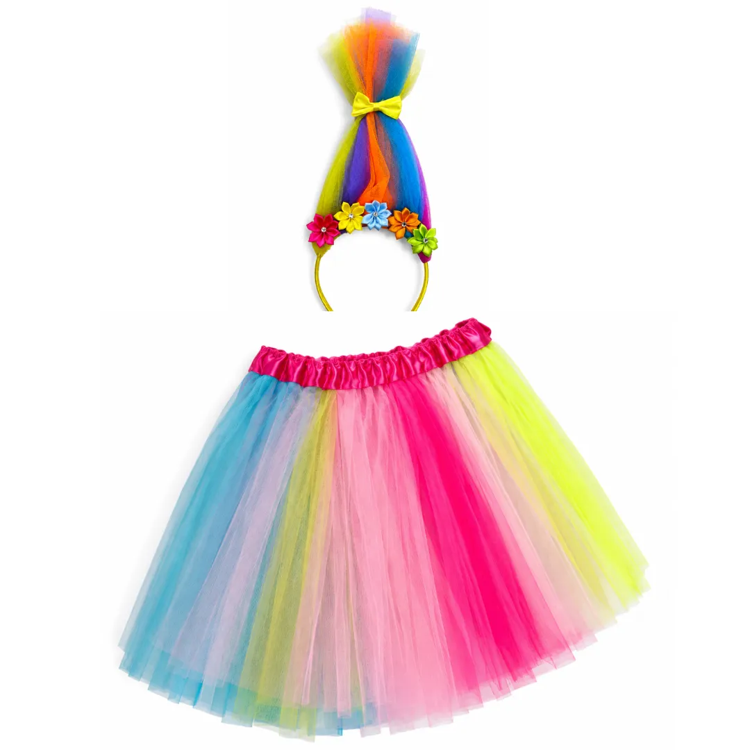 Rainbow Troll-Inspired Tutu Skirt & Headband Dress Up Set for Girls