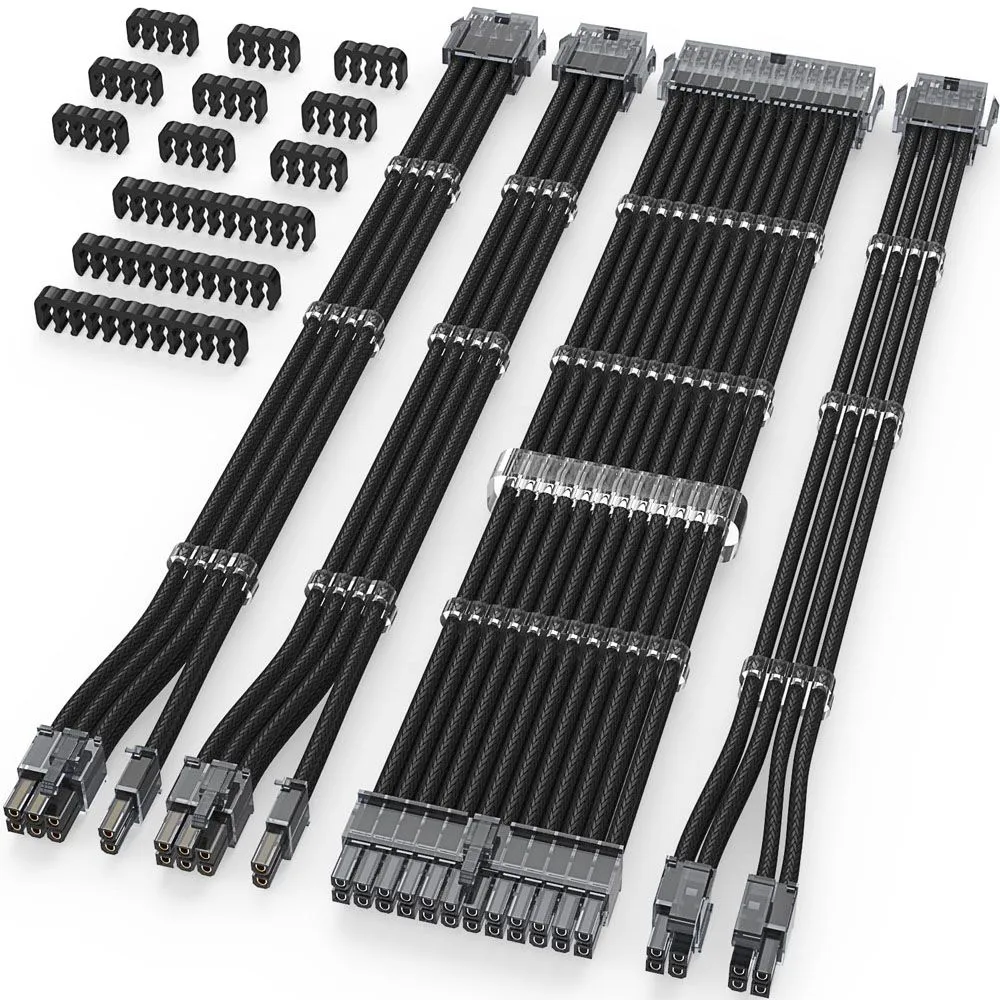 PSU Cable Extension Kit, Sleeved Cables with Gold-Plated PCIe Connectors - Black