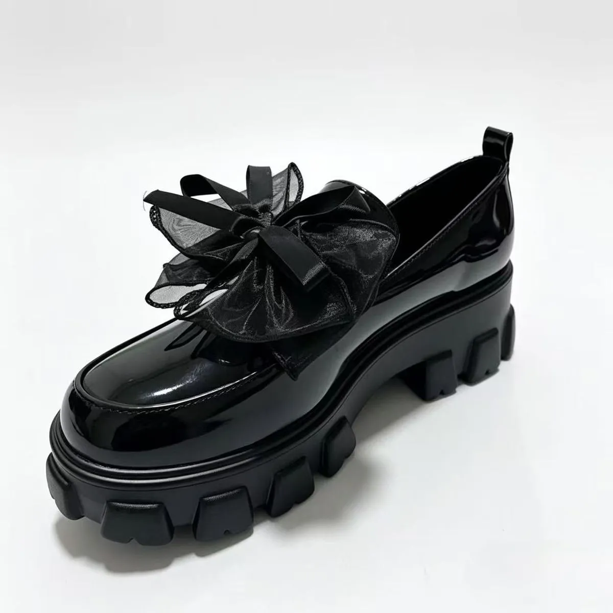 Gothic Lolita-Style Platform Loafers with Sheer Bow - 31006