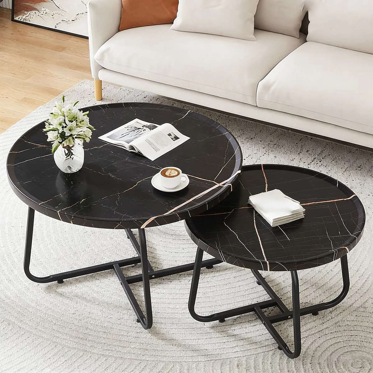 Nesting Coffee Table Set Sofa Side End Tables Home Office Center Table Desk - Black