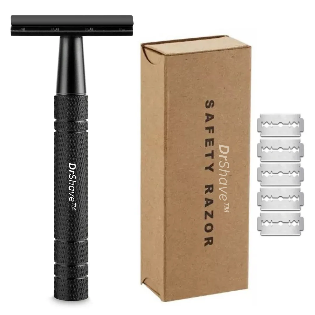 DrShave Double Edge Shaving Razor - Premium Safety Razor & 5 Razor Blades - Black
