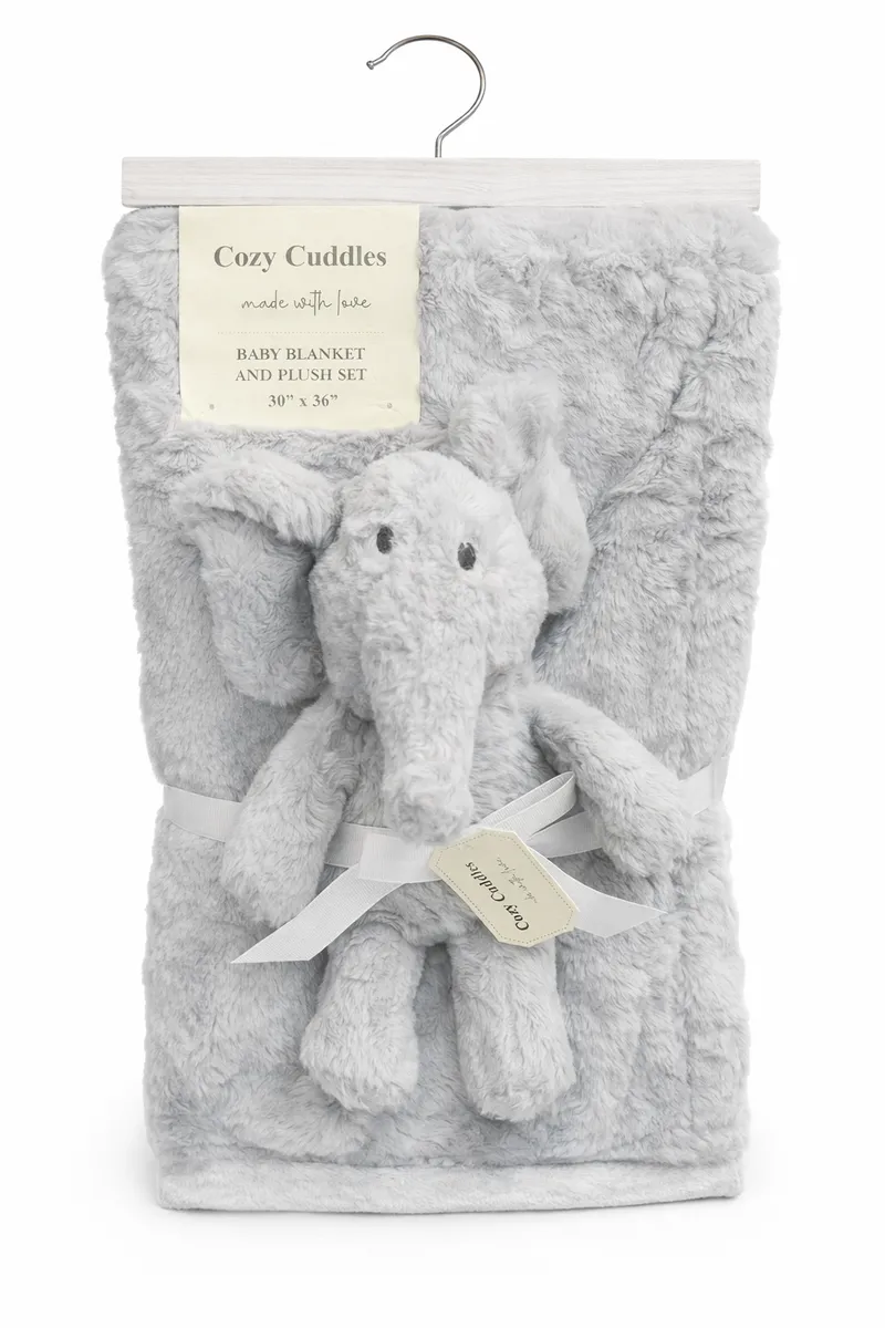 Cozy Cuddles Baby Blanket & Plush Elephant Toy Set - Grey