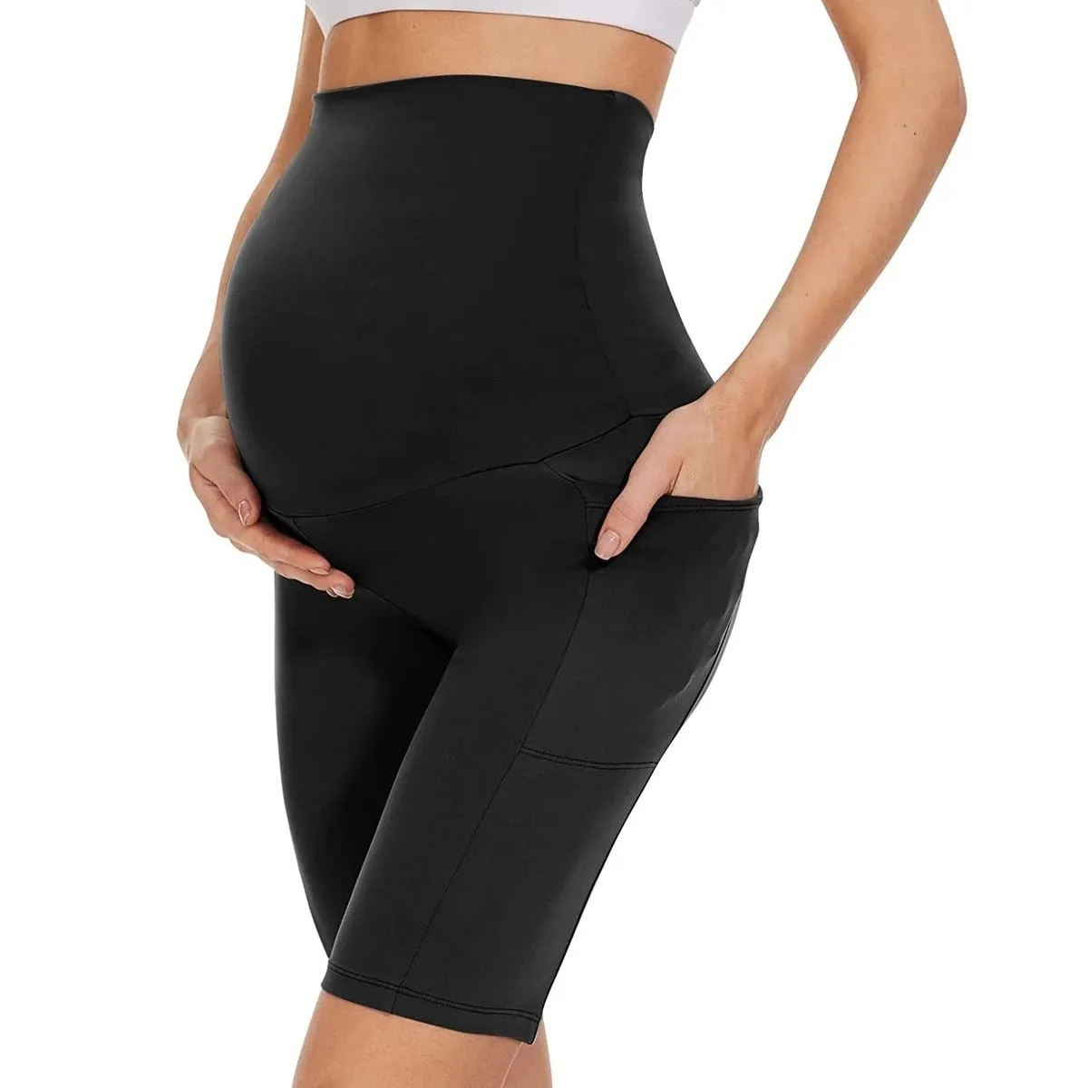 Maternity Short Over Belly High Waisted Pregnancy Workout Biker Pockets