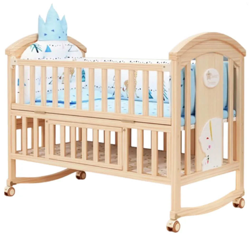 Belecoo Wooden Baby Cot With Cot Bumper Mat - Blue