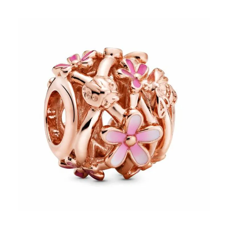 925 Sterling Silver Pink Flowers Bracelet Charm / Pendant - Rose Gold