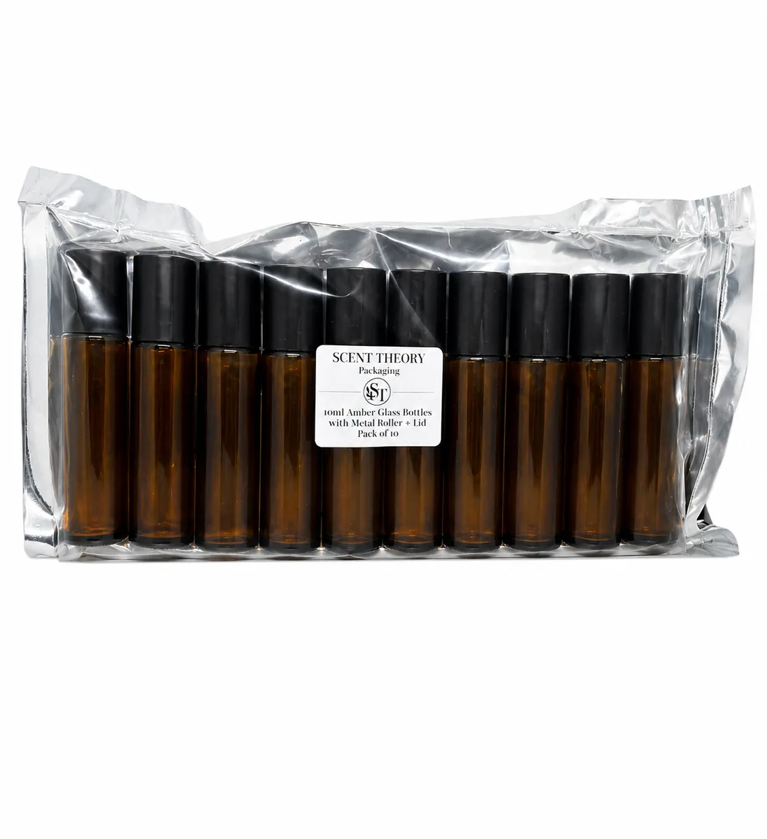 10ml Amber Glass Bottles with Metal Roller + Lid - Pack of 10
