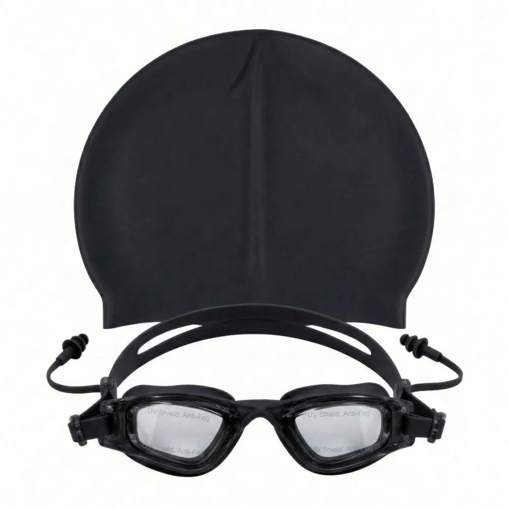 Kids Swimming Goggles & Silicone Swim Cap Set with Integrated Earplugs - UV - Black