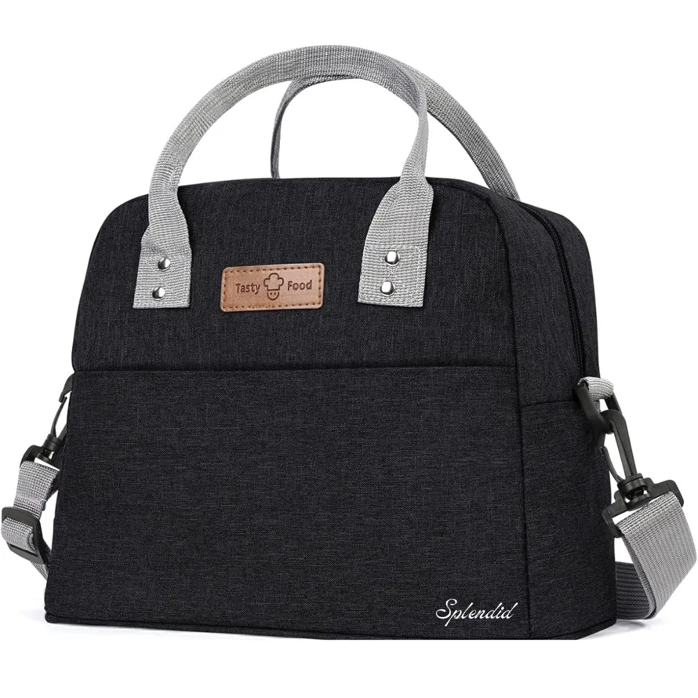 Splendid Tasty Food Foil Lunch Bag with Adjustable Strap & Pocket - 29cm - Black