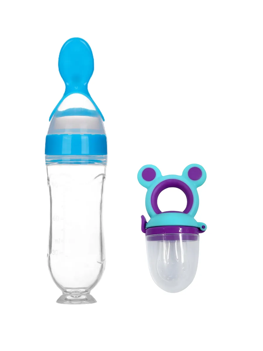 Silicon Baby Squeeze Bottle 90ml and Silicon Fruit Feeder Pacifier Set - Blue