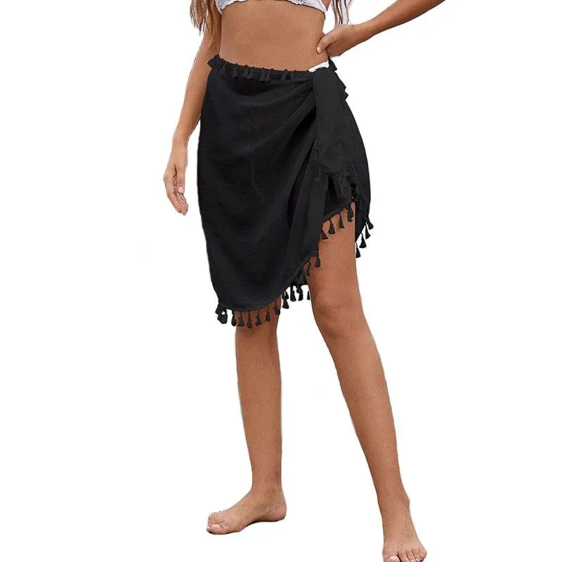 Women's Bikini Swimwear Wrap Cover Up Skirt Tassel Hem - Black