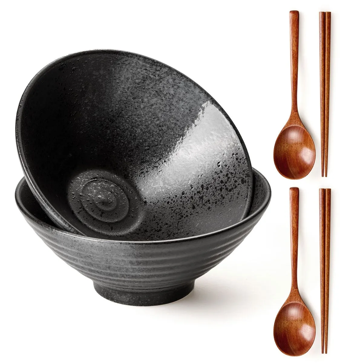 Chenshia 2Pc Ramen Bowls & Cutlery Ceramic Heat-Locking Deep Tableware Set - Black