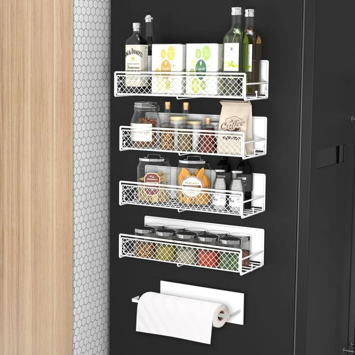 5 PCS Refrigerator Grid Magnetic Storage Rack Kitchen Spice Organizer - White