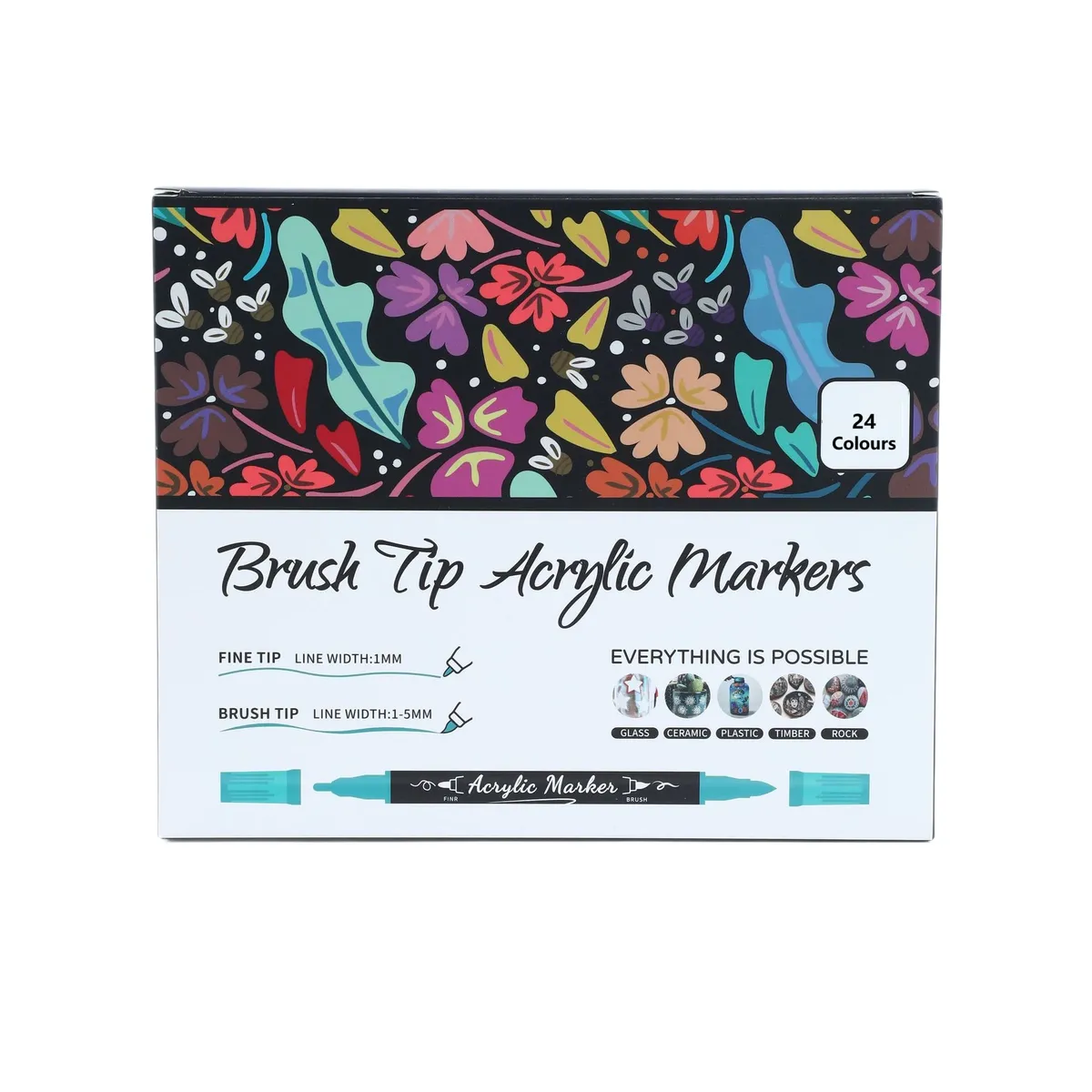 24 Colours Acrylic Paint Markers Dual Tip with Fine Tip and Brush Tip Pens