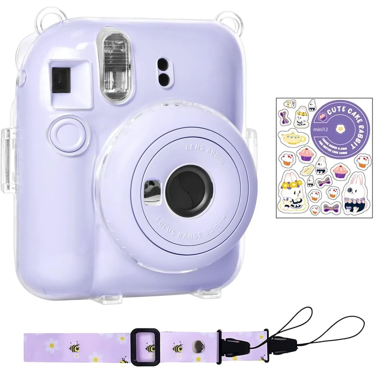 Fuji Instax Mini 12 case, Carrying Case Bag with Strap and Cute Sticker - Purple