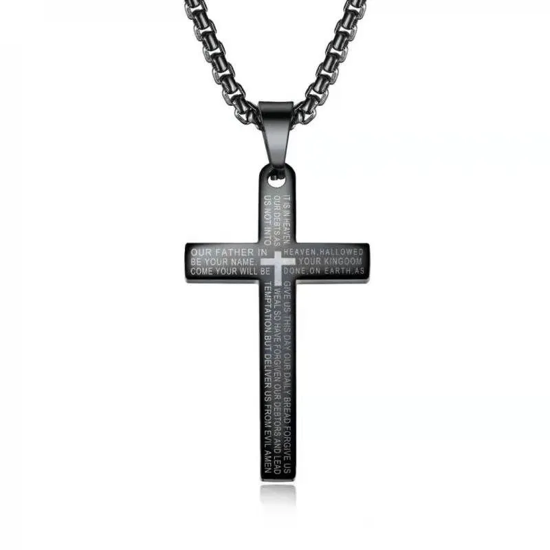 Stainless Steel Pendant Necklaces - Cross with The Lord's Prayer (Unisex) - Black