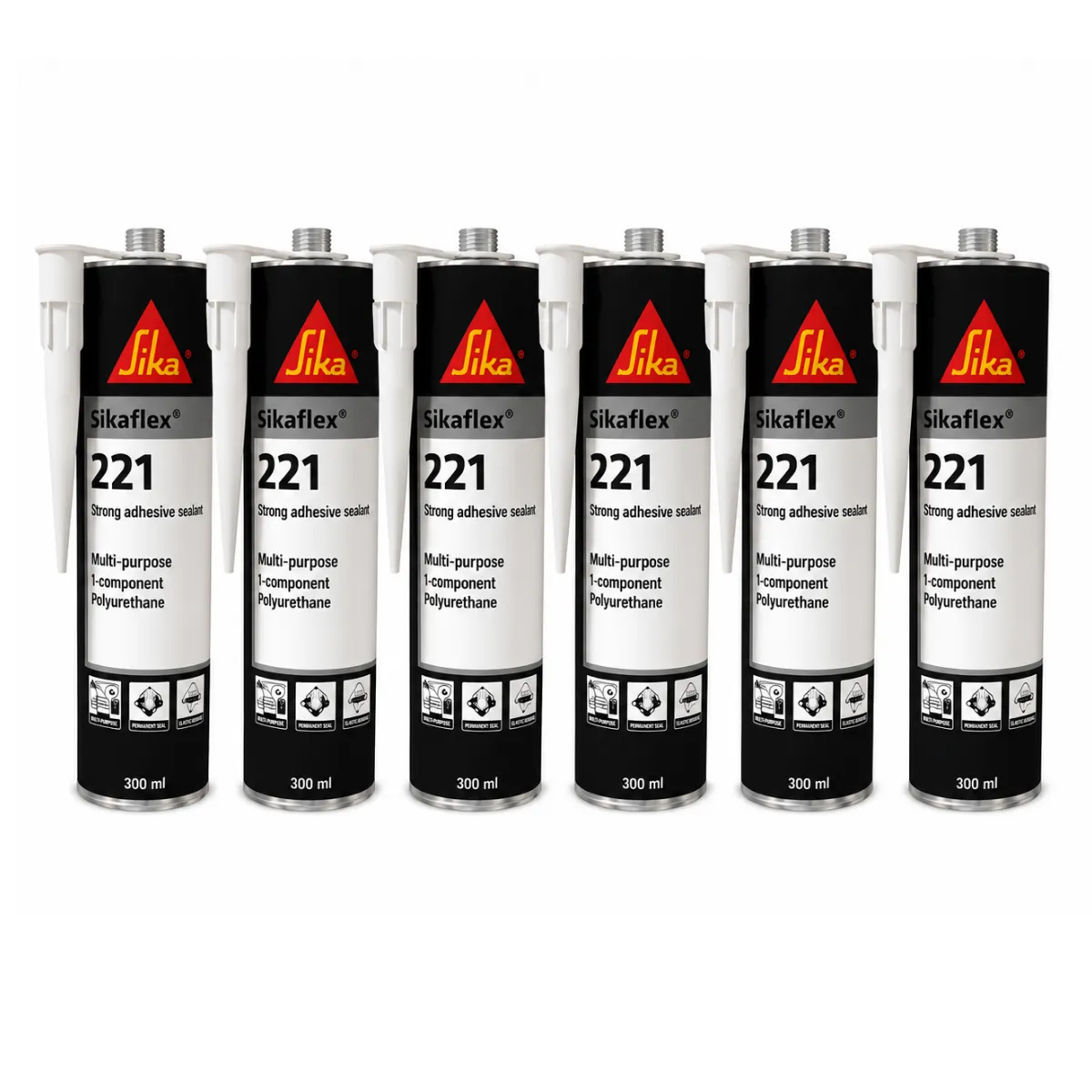 Sikaflex - 221 Black Polyurethane Adhesive & Sealant - 300ml - 6 Pack