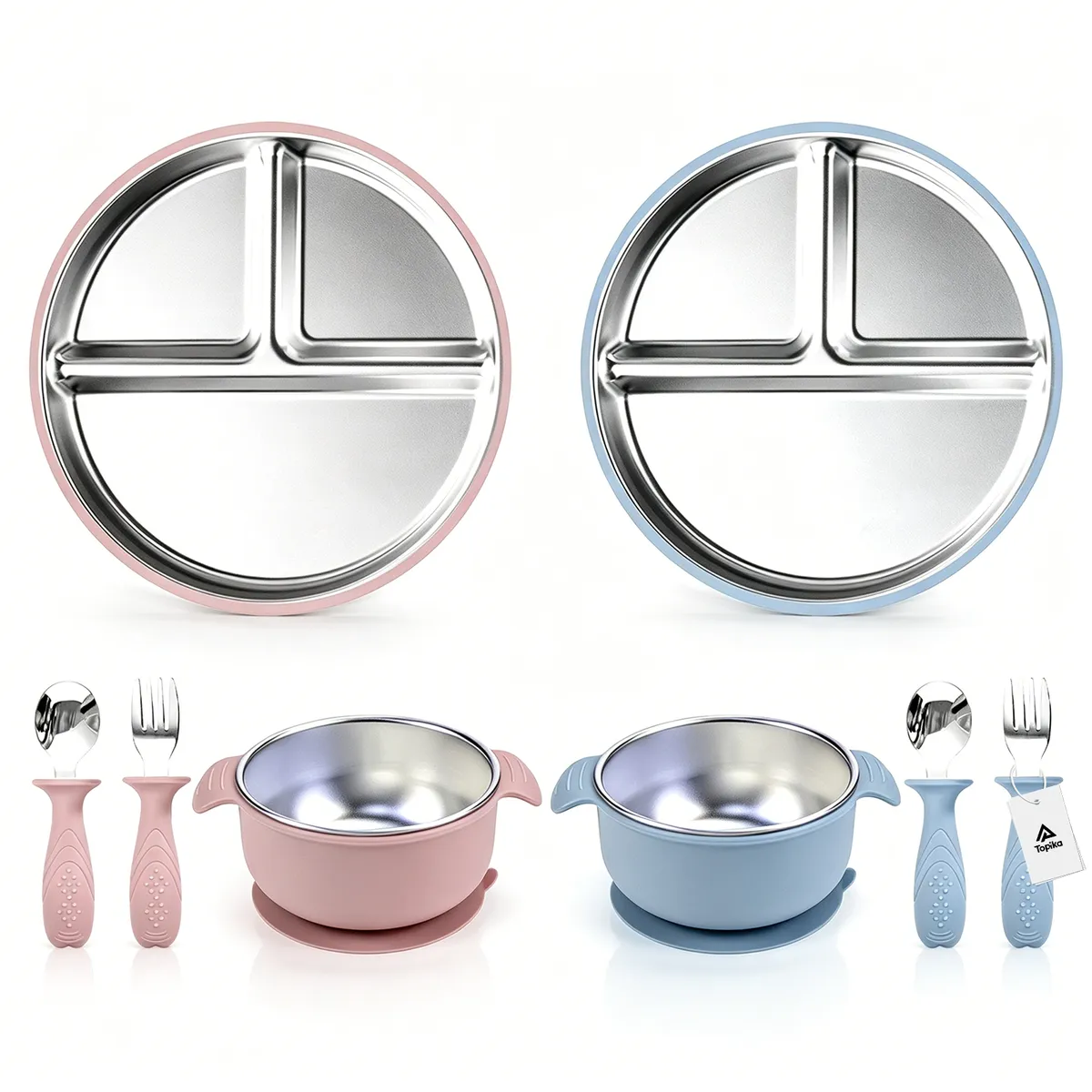 Topika 304 Stainless Steel Silicone Baby Feeding Set - Pink & Blue 2 Person