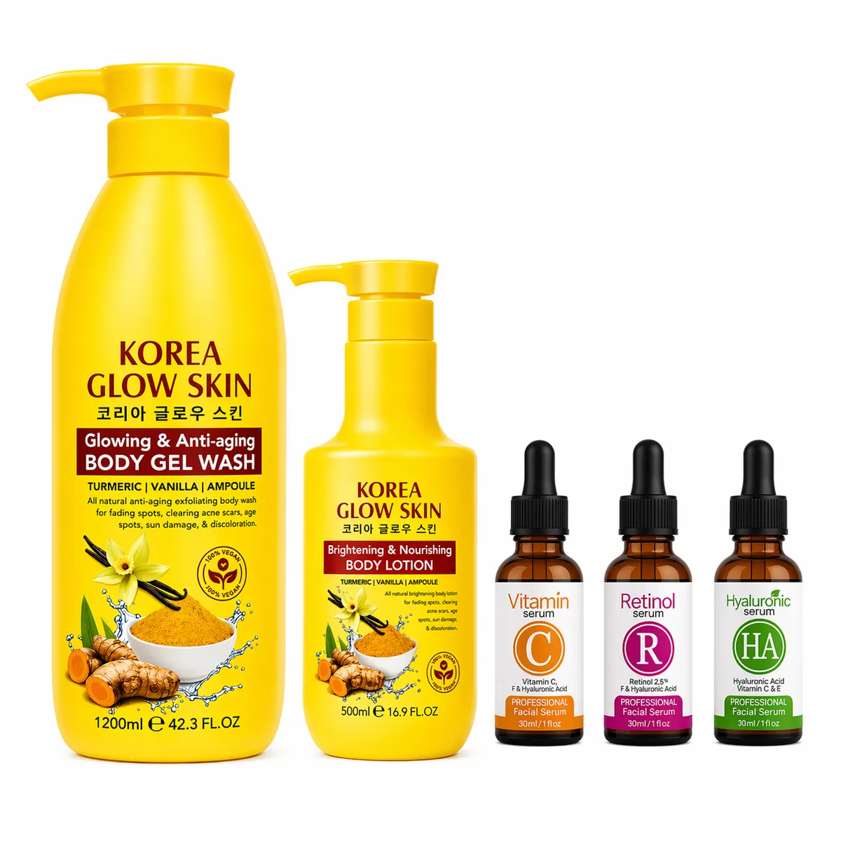 Korea Glow Skin Glowing & Anti-Aging Wash, Lotion & 3 Brightening Serums