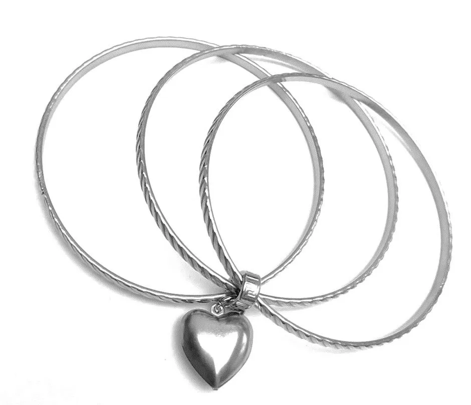 3 x 3mm Bangles x 65mm Diameter with Dangling Heart Charm