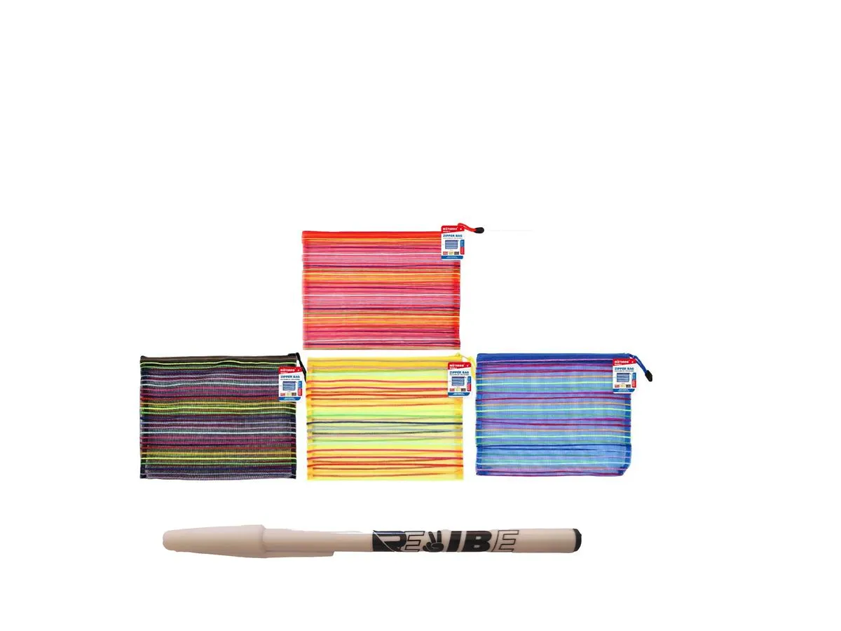 4 Pack Nylon Colourful Stripe Portable Mesh Zipper File Bag With ReVibe Pen