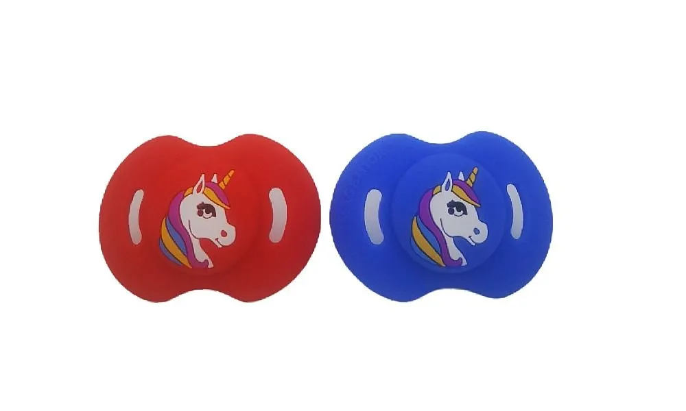 Funny Dummy Pacifiers For Babies - 2 Pack Silicone Unicorn - Blue & Red