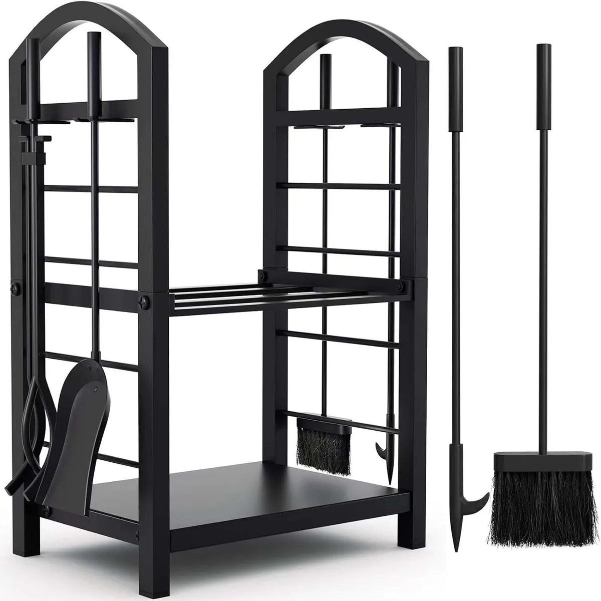 2-Tier Firewood Rack Powder Coated Iron Fireplace Wood Holde with 4 Tools