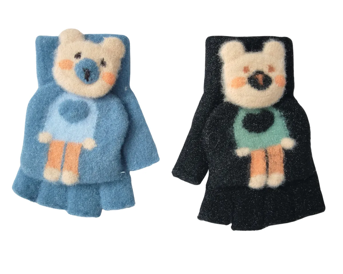 Kids Cute Bear Half Finger Mitten Gloves 2 Pack - Black & Blue