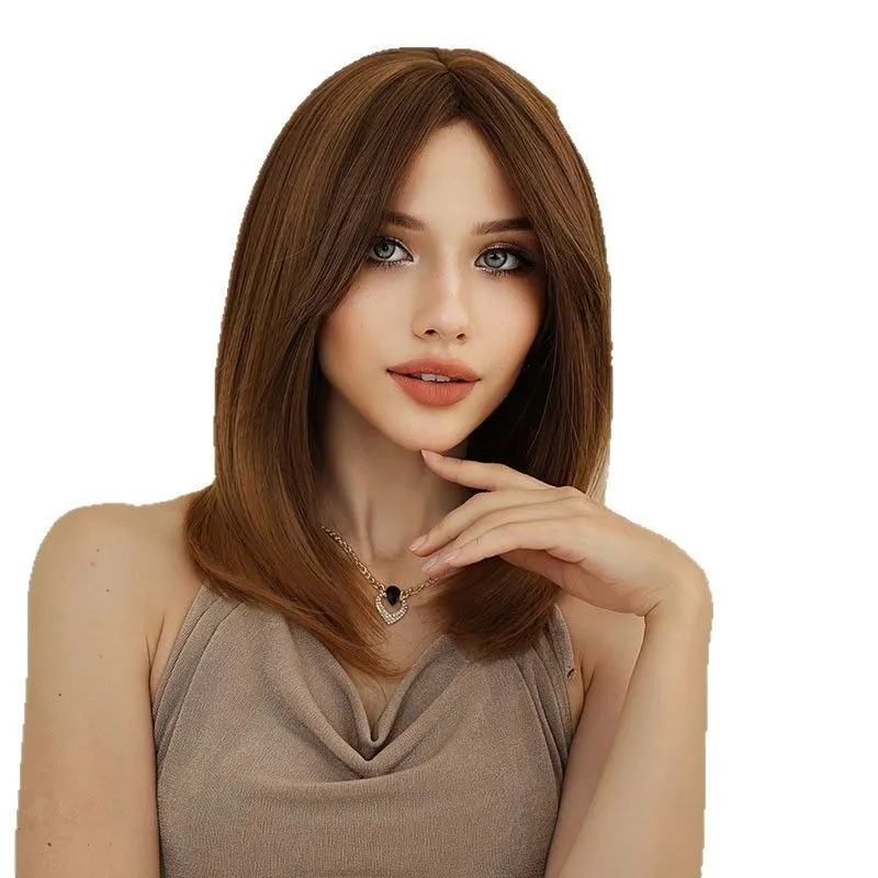 Women's short straight hair with layered cut and curtain bangs