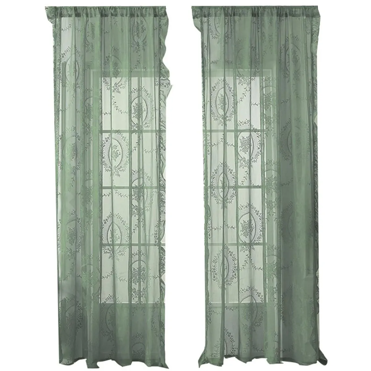 2 Panels Green Lace Floral Sheer Curtains Drapes Rod Pocket Window Curtain