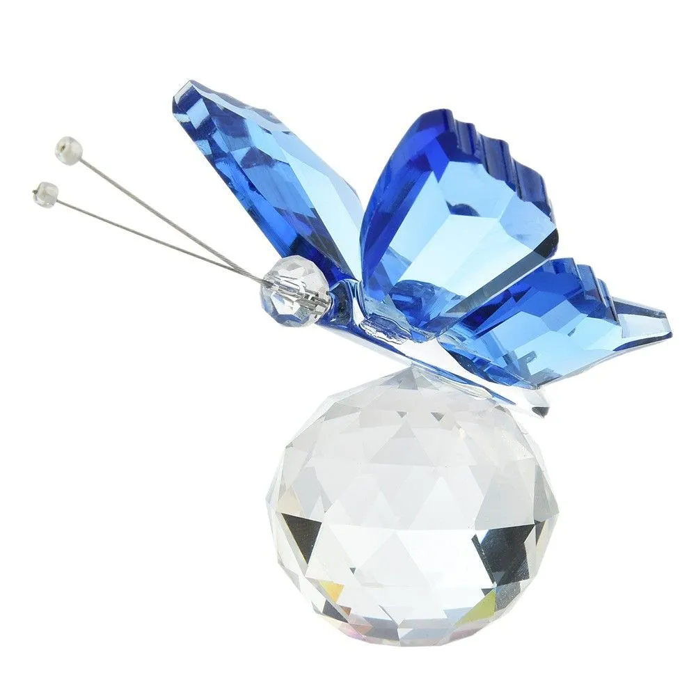 Crystal Glass Butterfly Figurine Ball Base Table Decor Paperweight Gift - Blue