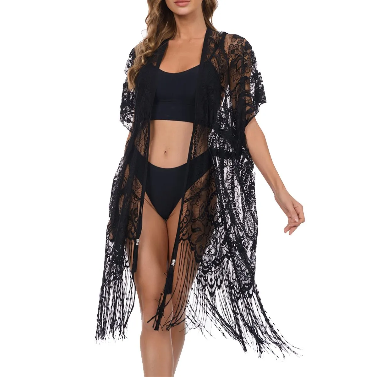 Women Summer Beach dress Cover-Up Poncho Bikini Sun Hoilday Hollow Lace - Black