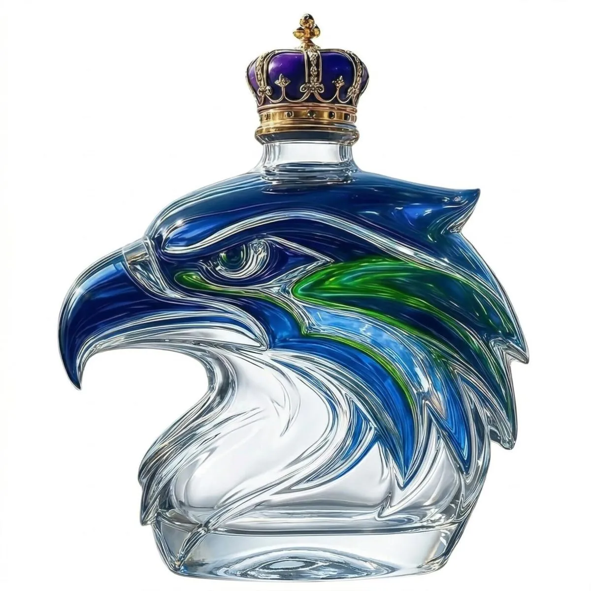 Handcrafted Eagle Whiskey Decanter - 3D Glass Liquor Bottle (Blue Crown)