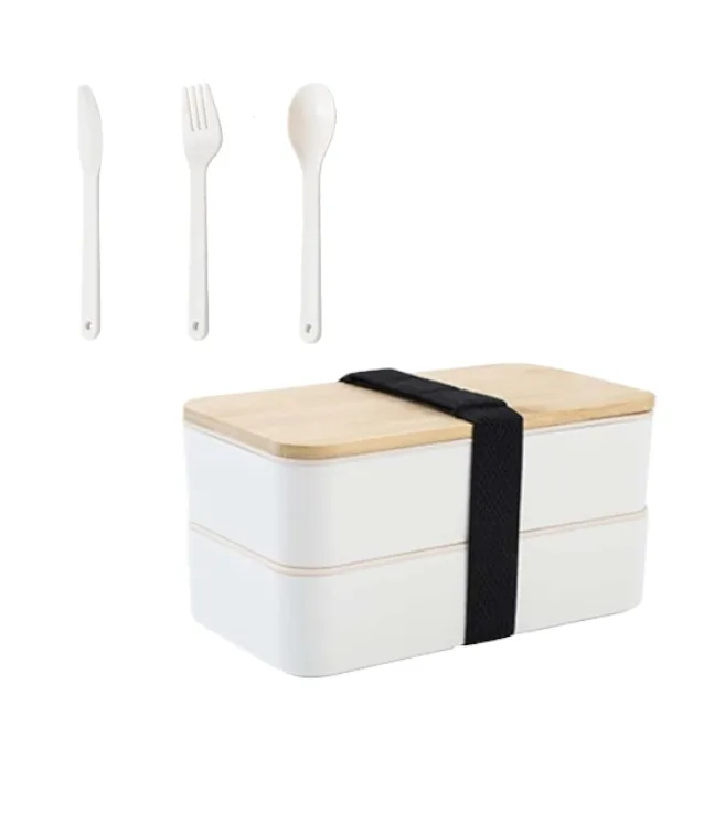 1600ml Double-layered Bamboo Lid Lunch Box Bento Box with Cutlery - White