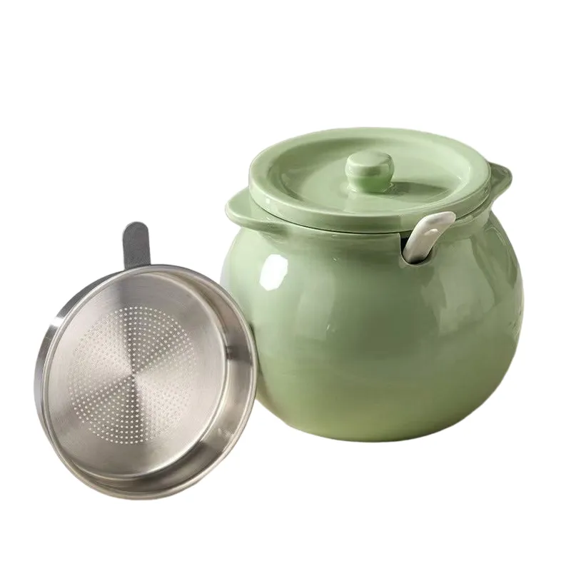 Ceramic Seasoning | Sauce Jar, Lard Jar, With Spoon And Filter - Green