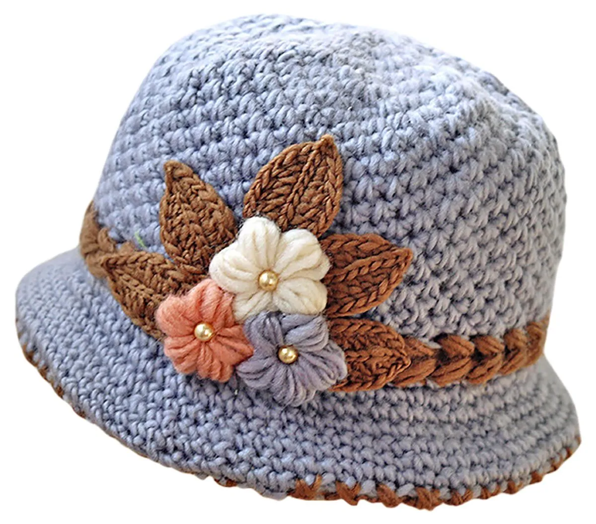 Thick Floral Knitted Bucket Hat Warm Crochet Wool Beanie for Women Winter - Grey