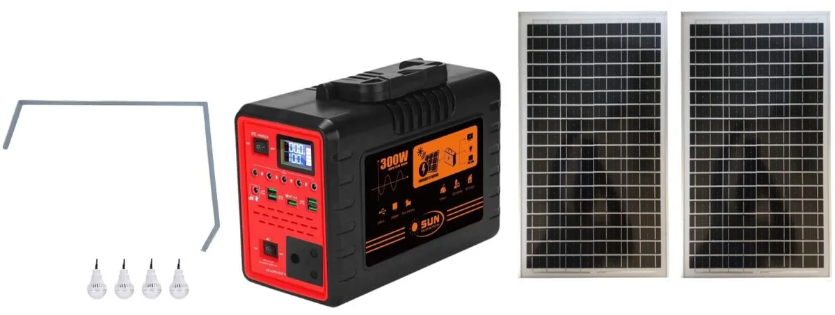 SUN 300W Solar Inverter With Solar Panels, Stand & Light Bulbs