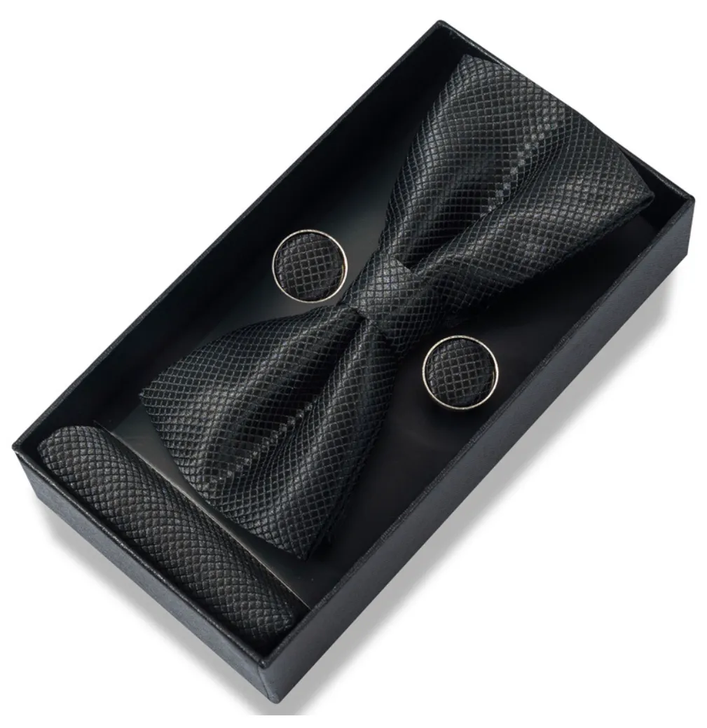 IPSTYLE Men's Bow Tie Set - Pocket Square, Cufflinks and Gift Box - Black
