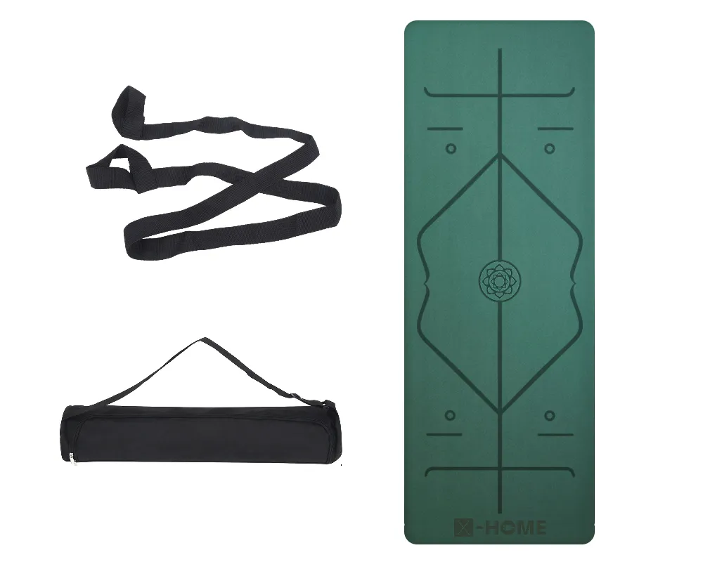 4.5mm Lotus Yoga Mat with Posture Line Guidance and Bag and Strap - Green