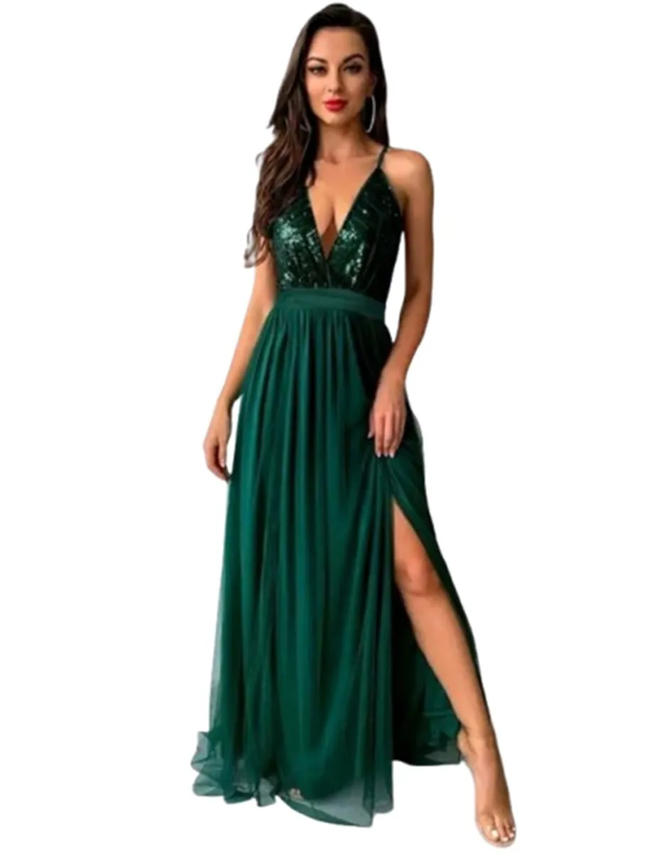 Green Sequin Bodice Crisscross Backless Mesh Dress With Slits - Medium