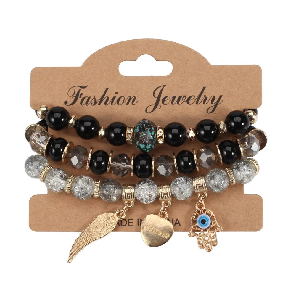 Boho Layered Evil Eye Crystal Charm Bracelet - Black