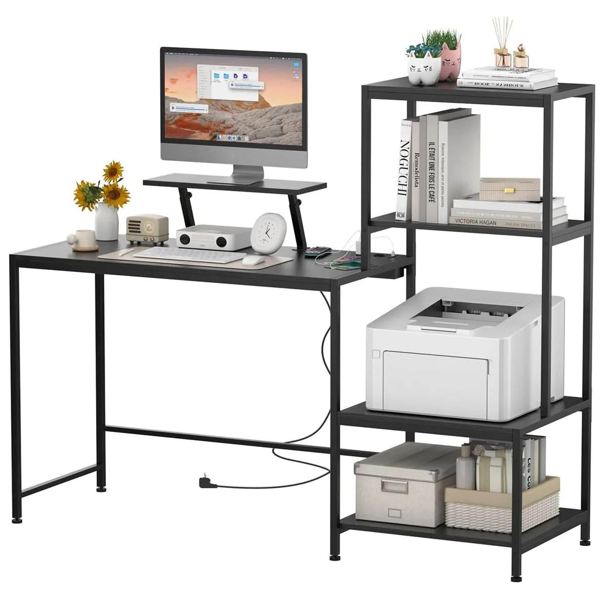 Computer Desk Office Table Gaming Desk with 4 Shelves Power Sockets & Stand - Black