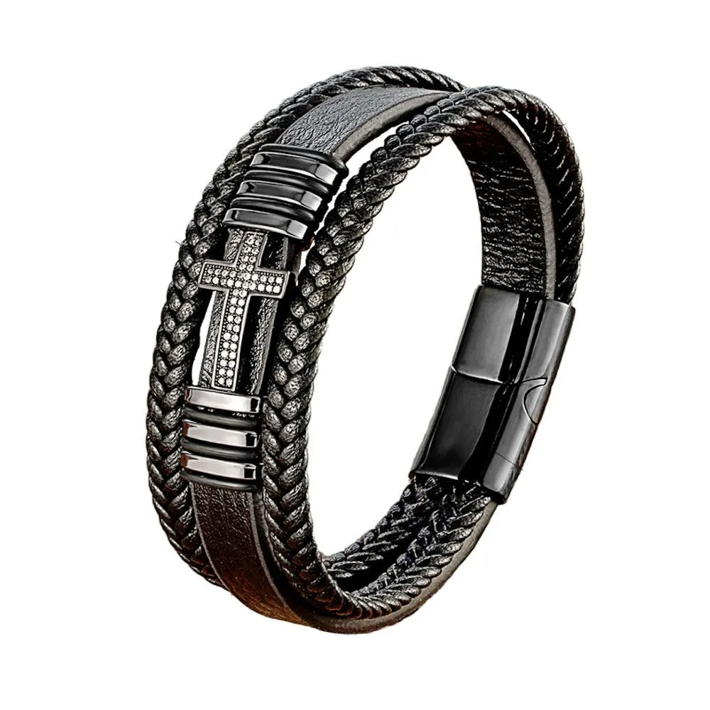 Jesus Cross Charm Cubic Zirconia Men Bracelet Woven Leather Rope Bracelets