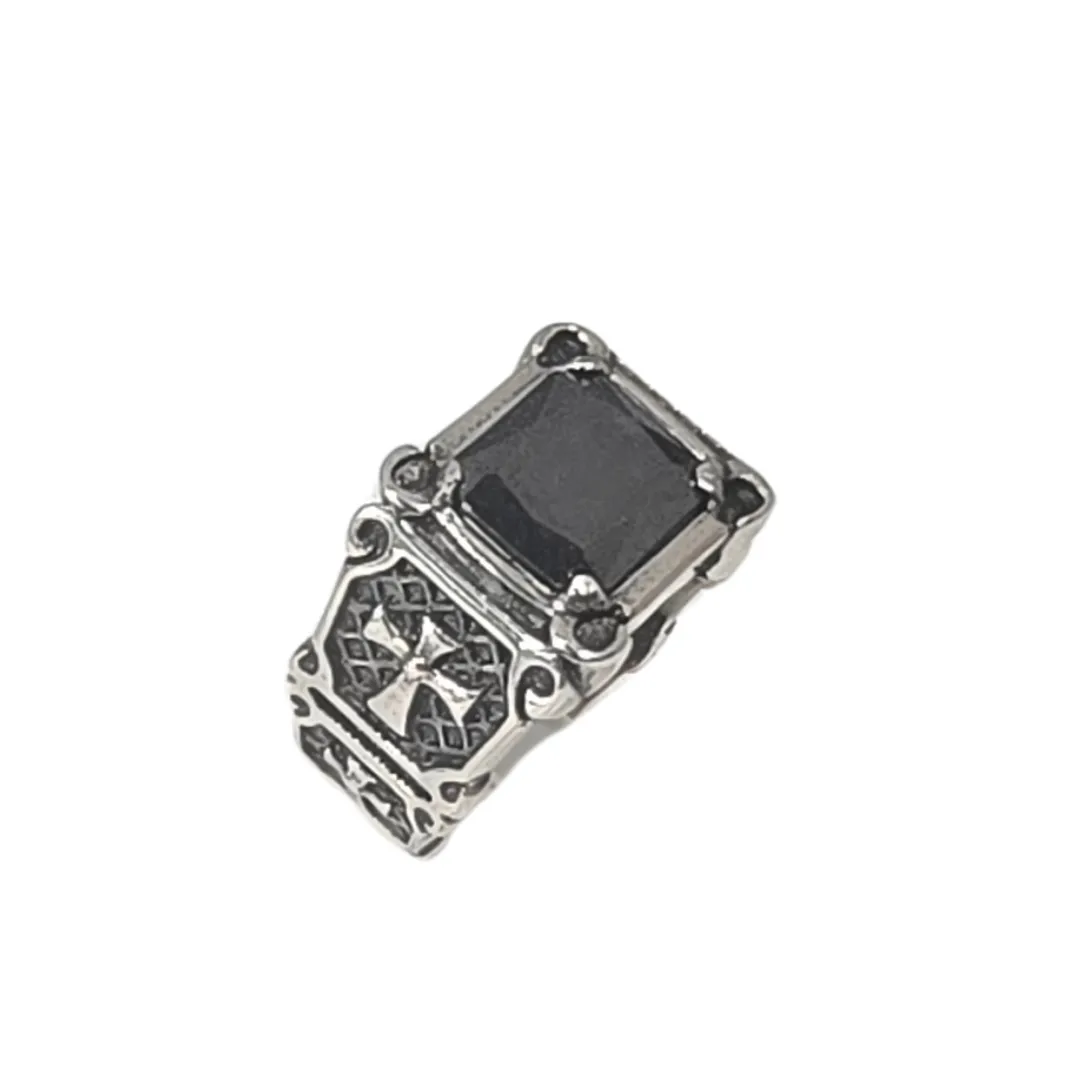 Men's Crusader Cross Gothic Ring - Stainless Steel with Faceted Black Stone