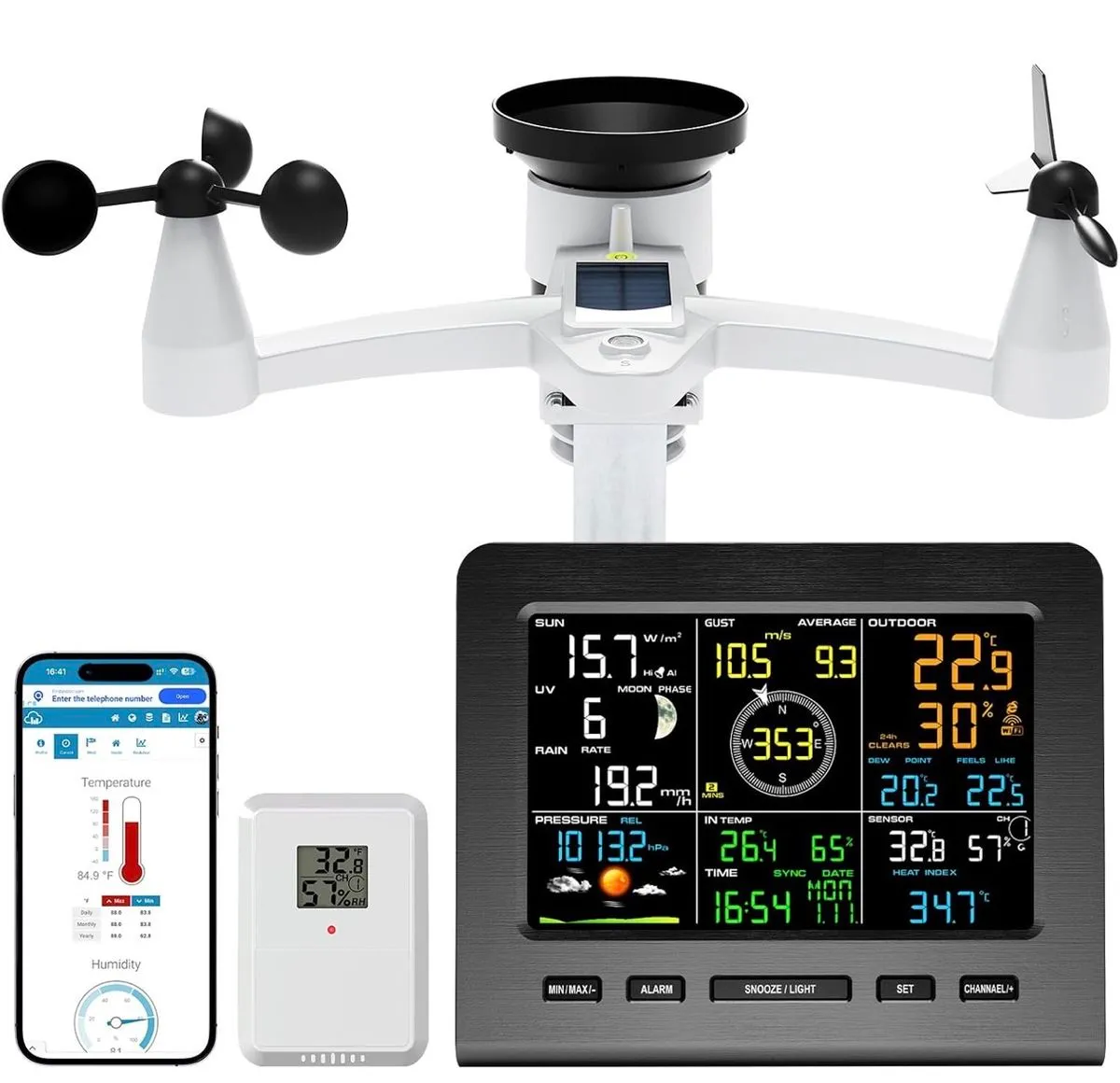 Urageuxy 7-in-1 WiFi Wireless Weather Station with Outdoor Sensor Array