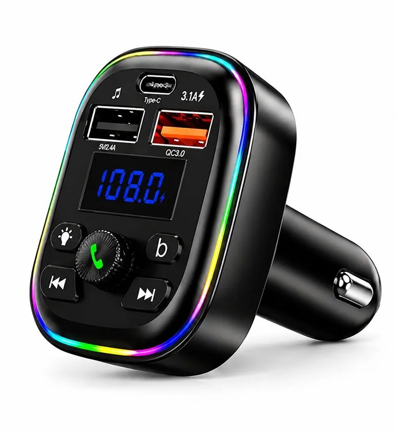 Car FM Transmitter & Dual USB & Type-C Charging Ports, LED Light 20W Output